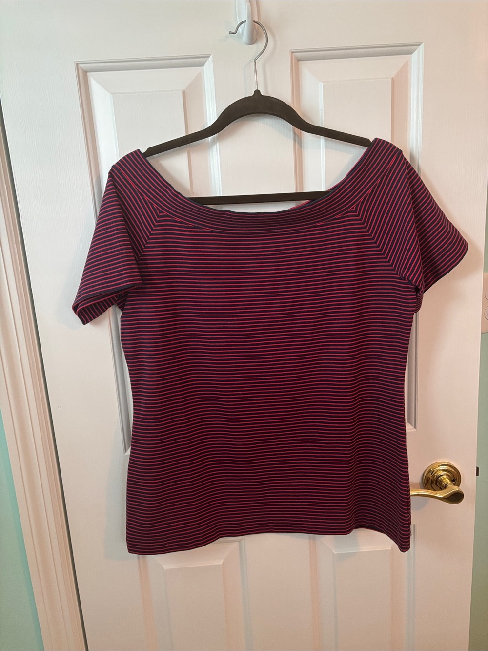 J. Crew Striped Off-Shoulder Short Sleeve Top in Red and Navy